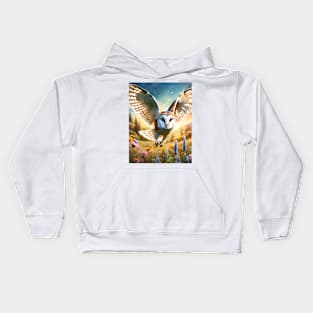 A beautiful Barn Owl flies over a wildflower meadow. Kids Hoodie